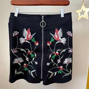 Oober Swank Embroidered Mini Skirt Black Bird Floral Zip Front Ring Zipper